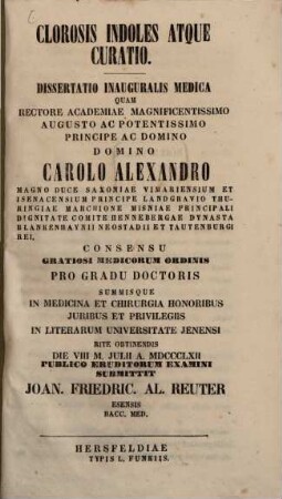 Clorosis indoles atque curatio : Dissertatio Inauguralis Medica