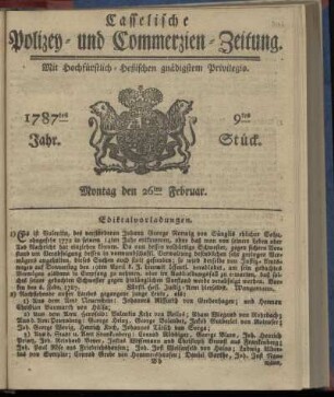 9tes Stueck, Montag den 26ten Februar. 1787