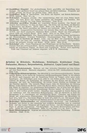 Arbeiten in Elfenbein, Buchsbaum, Schildpatt, Kehlheimer Stein, Perlmutter, Marmor, Serpentinstein, Alabaster, Lapis-Lazuli und Email (Nr. 109-145)