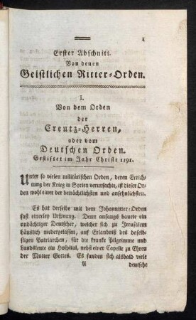 Erster Abschnitt. Von denen Geistlichen Ritter-Orden.