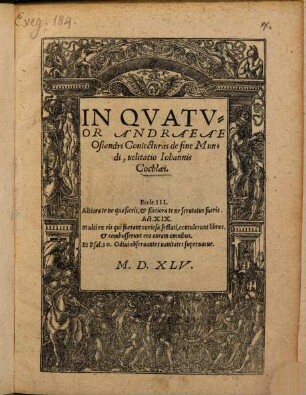 In Qvatvor Andraeae Osiandri Coniecturas de fine Mundi, uelitatio Iohannis Cochlaei