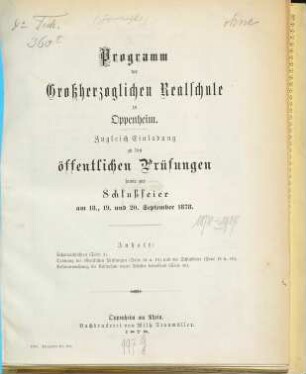 Programm der Großherzoglichen Realschule zu Oppenheim : zugleich Einladung zu den öffentlichen Prüfungen ..., 1877/78
