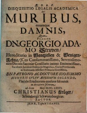 Disquisitio Legalis Academica De Muribus, eorumque Damnis