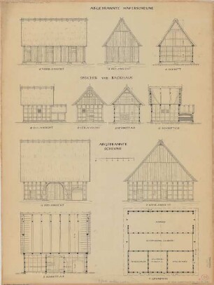 Schröttinghausen (Kreis Halle): Hof Heining. - Speicher mit Backhaus (Ansicht, Schnitt). - Scheune (Grundriss, Ansicht, Schnitt)