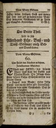 Der Dritte Theil. Allerhand Lehr- Buß- und Trost-Gesänge/ auch Bet- und Danck-Lieder.