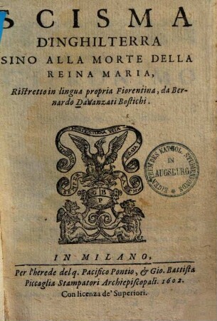 Scisma d'Inghilterra sino alla morte della Reina Maria : ristretto in lingua propria Fiorentina ...