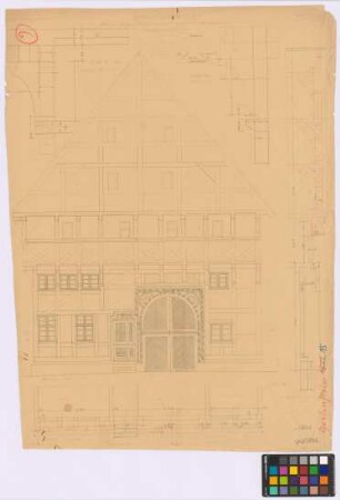 Grebenstein ([Landkreis Hofgeismar]): Obere Straße 25, Altes Ackerbürgerhaus (erbaut 1480). Ackerbürgerhaus (Giebel-Ansicht). Giebel (Schnitt a-b, Schnitt c-d). Eckknaggen Punkt A, Punkt B (zwei Schnitte)