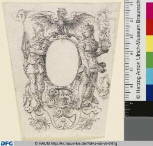 Leeres Schild mit allegorischen Figuren