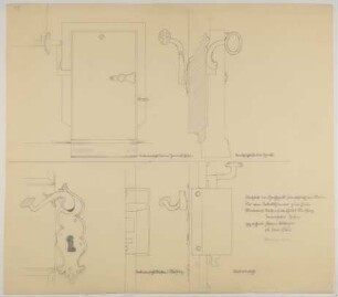 Türbeschlag und Türschloss der Tür vom Arbeitszimmer zum Flur [aus einem Konvolut von 35 Detailzeichnungen des Frankfurter Goethe-Hauses]