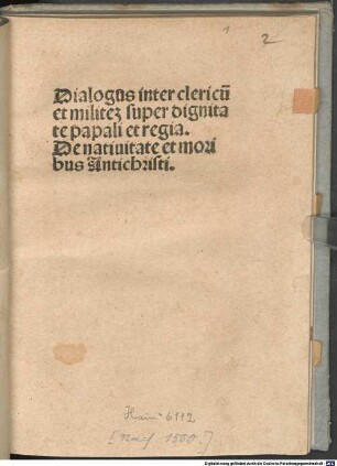 Dialogus inter clericu[m] et milite[m] super dignitate papali et regia