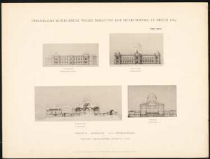 Wettbewerb Museumsinsel, Berlin: Projekt X, Ansichten, Querschnitt, Längsschnitt (aus: Concurrenzentwürfe wegen Bebauung d. Museumsinsel zu Berlin. Auswahl d. preisgekrönten u. besten Entwürfe, Berlin 1884)