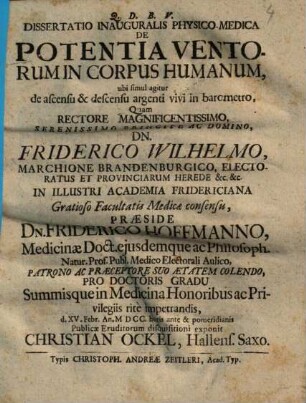 Diss. inaug. phys.-med. De potentia ventorum in corpus humanum