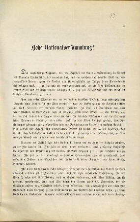 Hohe Nationalversammlung! Der unglückselige Aufstand, den der Beschluß der Nationalversammlung in Betreff des Malmöer Waffenstillstandes veranlaßt hat, und in welchem das deutsche Volk ein verbrecherisches Attentat gegen die Freiheit und Unverletzlichkeit der Träger seiner Souveränetät [!] tief beklagen muß, ... : [Breslau, den 1. October 1848]