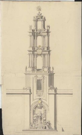 Berlin, Residenzschloss, Münzturm. 2. Entwurf, Kopie : Berlin, Residenzschloss, Münzturm. Kopie des zweiten Entwurfs von Andreas Schlüter durch Jean de Bodt und Zacharias Longuelune, 1705/06(?). Feder, Pinsel in Wasserfarbe/Papier. 81 x 48,4 cm. Bez.: Kennzeichnung einzelner Bauglieder mit Buchstaben (A-O). Maßstab mit Maßeinheit Schuh (100 Schuh=25,5 cm).