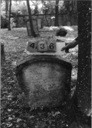 Grabstein 436 (Index: 99791228) Zustand: sehr stark verwittert Maße HxBxT: 54x50x17 cm: Grabstein 436