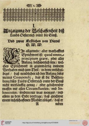 I. Anzaigung der Beschaffenheit diß Lands Oesterreich Unter der Ennß