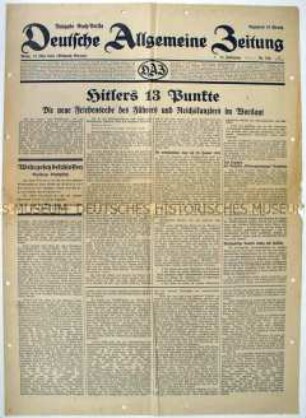 Tageszeitung "Deutsche Allgemeine Zeitung" zur Reichstagsrede Hitlers