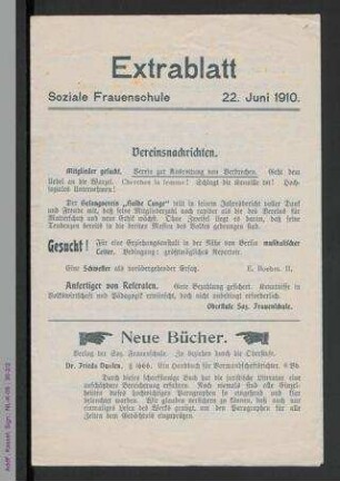 Extrablatt - Soziale Frauenschule, 22. Juni 1910