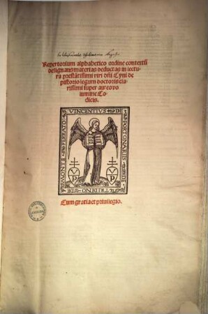 Repertorium alphabetico ordine contextum designans materias deductas in lectura Cyni de Pistoria super aureo volumine codicis
