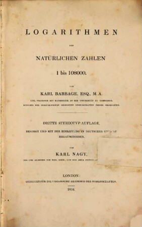 Logarithmen der natürlichen Zahlen 1 bis 108000