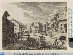 Dorfstraße am Mühlbach mit Reisewagen von hinten