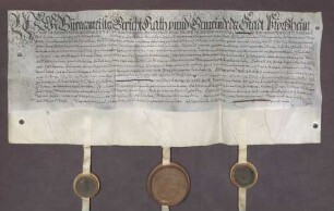 Erbhuldigungsrevers der Stadt Pforzheim samt Zugehör als Leibeigene gegen Markgraf Georg Friedrich von Baden-Durlach nach der Stadtordnung und Freiheiten
