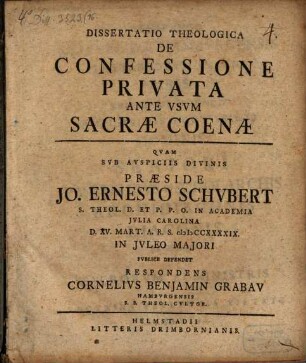 Diss. theol. de confessione privata ante usum sacrae coenae