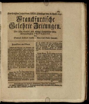 Num. XXXI. Dienstags den 18. April. 1741 - Num. XXXX. Freytags den 19. May 1741
