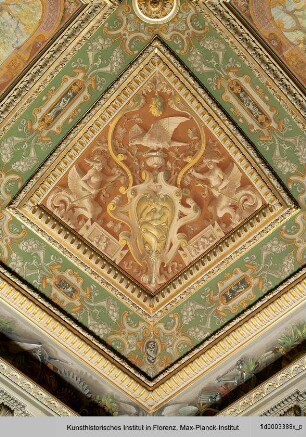 Deckendekoration des Salone Verde : Weibliche Allegorien in Wappenkartuschen, von Meerwesen flankiert