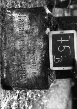 Grabstein 75 (Index: 100090748) Material: Sandstein Zustand: vor allem Sockel stark verwittert Maße HxBxT: 147x54x21 cm Beschreibung: Stele, getreppter Sockel, Giebel mit Eckakroteren, Schrifttafel mit Rundbogen: Grabstein 75B