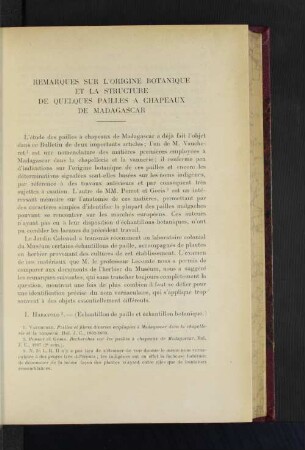 Remarques Sur L'Origine Botanique Et La Structure De Quelques Pailles A Chapeaux De Madagascar.