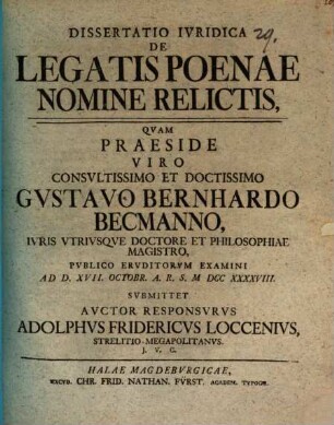 Dissertatio Ivridica De Legatis Poenae Nomine Relictis