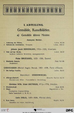 I. Abteilung. Gemälde, Kunstblätter (Nr. 1-280)