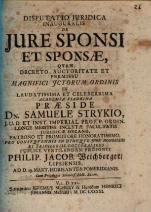 Disputatio Iuridica Inauguralis De Iure Sponsi Et Sponsae
