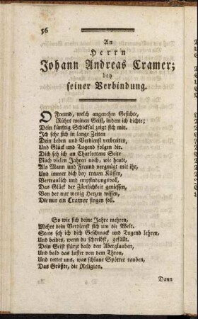 An Herrn Johann Andreas Cramer; bey seiner Verbindung.