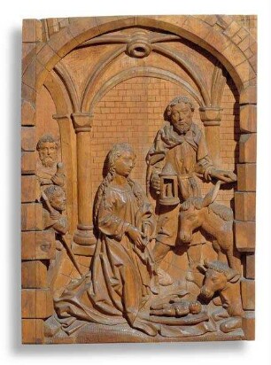 Acht Reliefs eines Retabels aus dem ehemaligen Kloster Mönchröden mit Darstellungen aus dem Marienleben: Die Geburt Christi nach Martin Schongauer