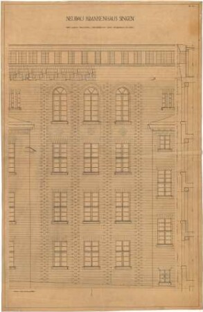 Billing, Hermann; Singen; Krankenhaus - Südwest Fassade, Rundbau (Teilansicht; Schnitt)