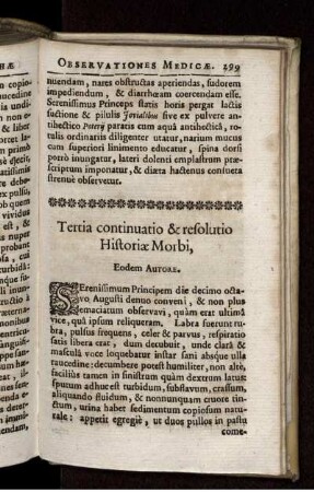 Tertia continuatio & resolutio Historiae Morbi, Eodem Autore