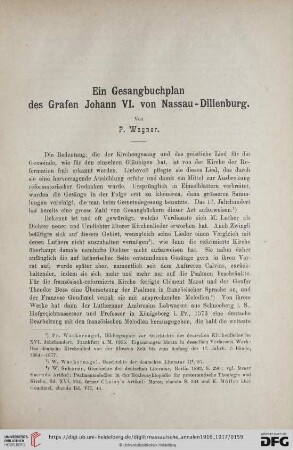 Ein Gesangsbuchplan des Grafen Johann VI. von Nassau-Dillenburg