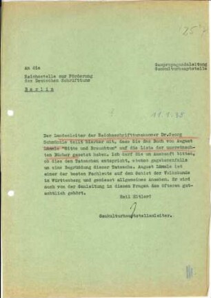 Aufnahme von August Lämmles "Brauch und Sitte im Bauerntum" in die Liste der unerwünschten Bücher