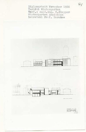 Varité [Wintergarten], Berlin-Charlottenburg (Diplomarbeit bei Bernhard Hermkes): Ansichten von Norden und Süden 1:200