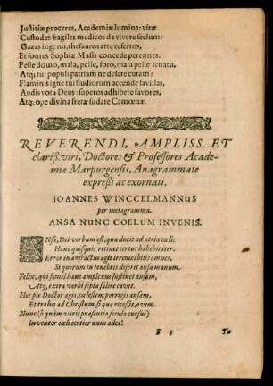 Reverendi, Ampliss. Et clariß. viri, Doctores et Professores Academiae Marpurgensis, Anagrammate expreßi ac exornati.