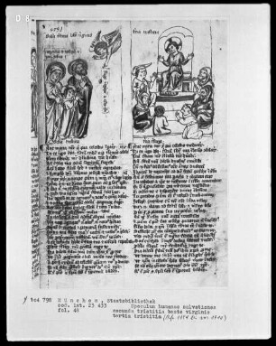 Speculum humanae salvationes — Textseite mit zwei Miniaturen, Folio 48recto