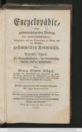Theil 4: Die Seewissenschaften, die Kriegswissenschaften und die Philosophie : Mit fünf Kupfertafeln