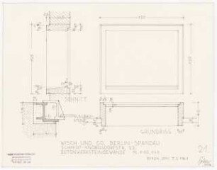 Maschinenfabrik Wisch und Co., Berlin-Spandau Erweiterungsbau: Betonwerksteingewände: Schnitte, Grundriss 1:10, Detailschnitt 1:1