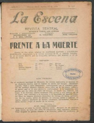 Frente a la muerte : drama en dos actos, original