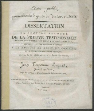 Dissertation sur la section seconde de la preuve testimoniale au chapitre 5 titre 3 du livre 3 du Code Napoléon