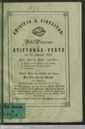 Fest-Programm zum Stiftungs-Feste am 22. Februar 1853