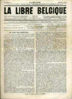 Illegale Wochenzeitung aus dem besetzten Belgien "La Libre Belgique" u.a. über das Verhältnis des dt. Generalgouverneurs von Bessing zu den belgischen Bischöfen sowie zur belgischen Presse