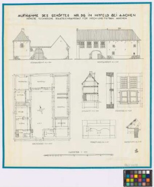 Hitfeld ([Stadtkreis] Aachen): Gehöft Nummer 36. - Haupthaus (Nord-Ansicht, West-Ansicht, Grundriss, Schnitt). - Fenster (Schnitt, Ansicht). - Türsturz (Schnitt). - Dachfuß/ Traufe (Schnitt